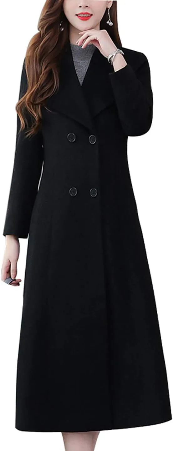chouyatou Women's Chic Shawl Collar Work Double Breasted Maxi Long Wool Pea Coat
