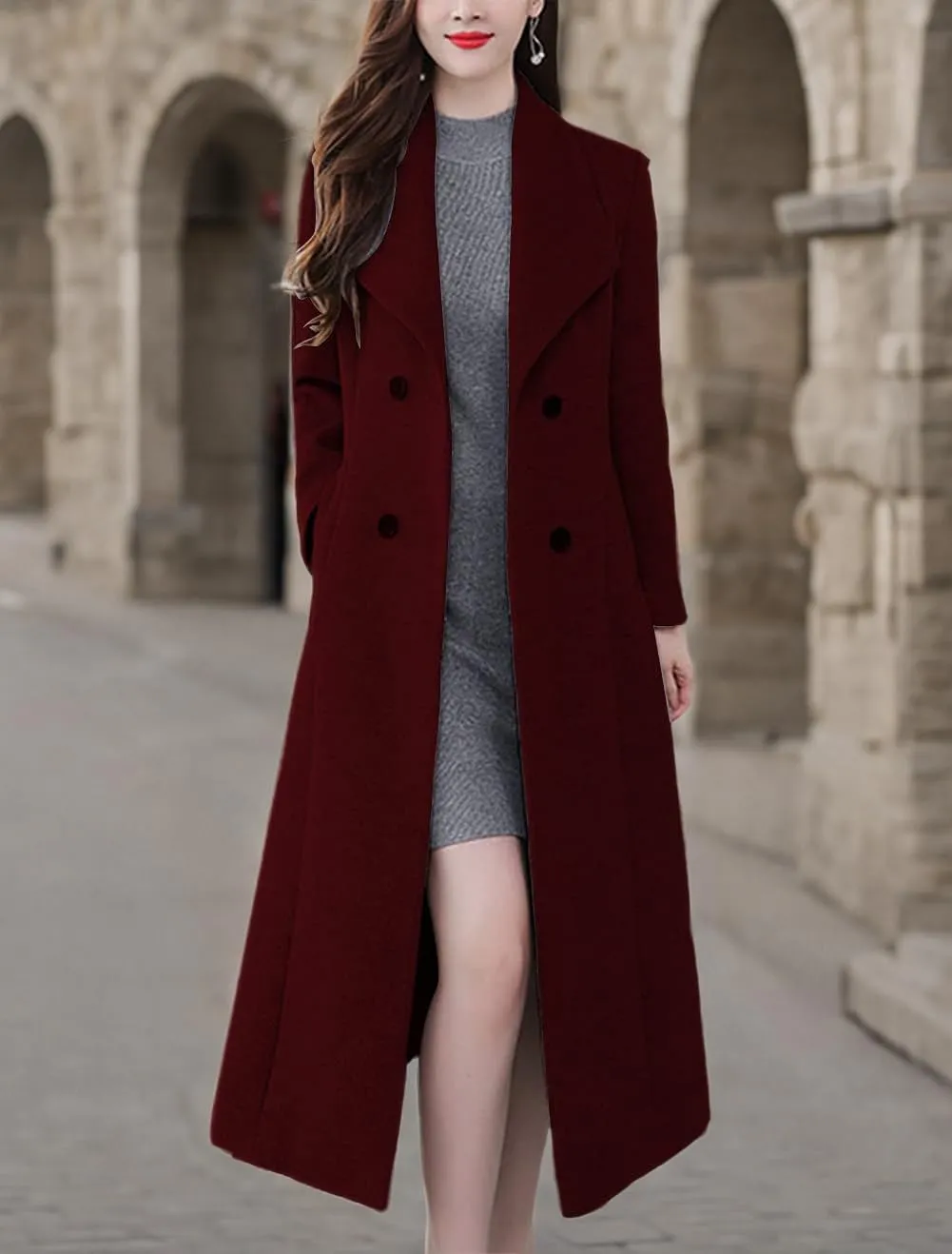chouyatou Women's Chic Shawl Collar Work Double Breasted Maxi Long Wool Pea Coat