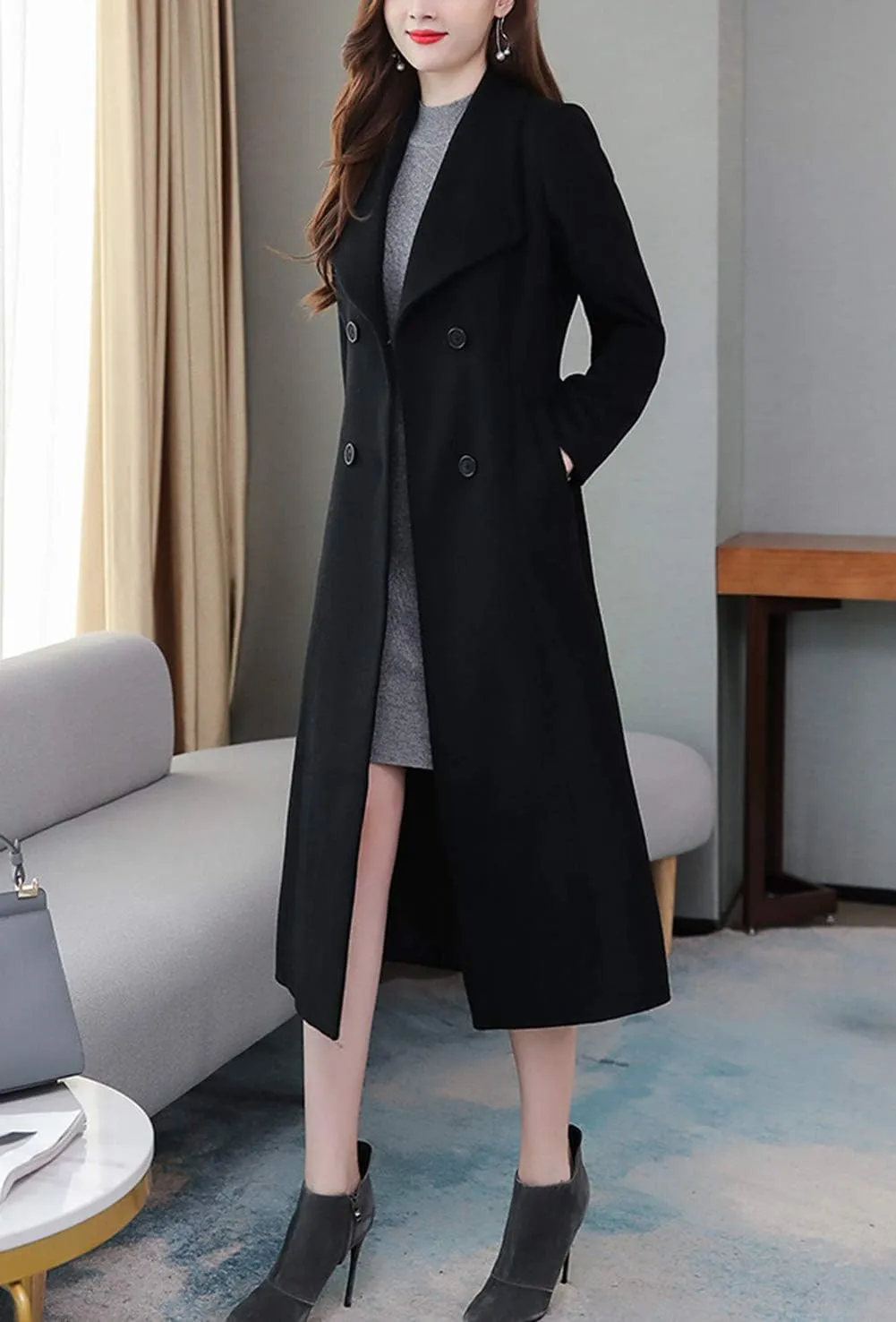chouyatou Women's Chic Shawl Collar Work Double Breasted Maxi Long Wool Pea Coat