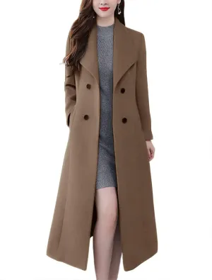 chouyatou Women's Chic Shawl Collar Work Double Breasted Maxi Long Wool Pea Coat