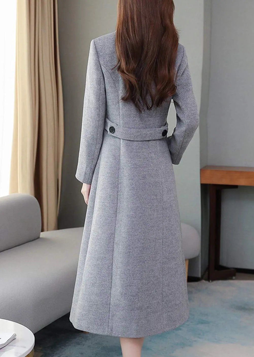 chouyatou Women's Chic Shawl Collar Work Double Breasted Maxi Long Wool Pea Coat