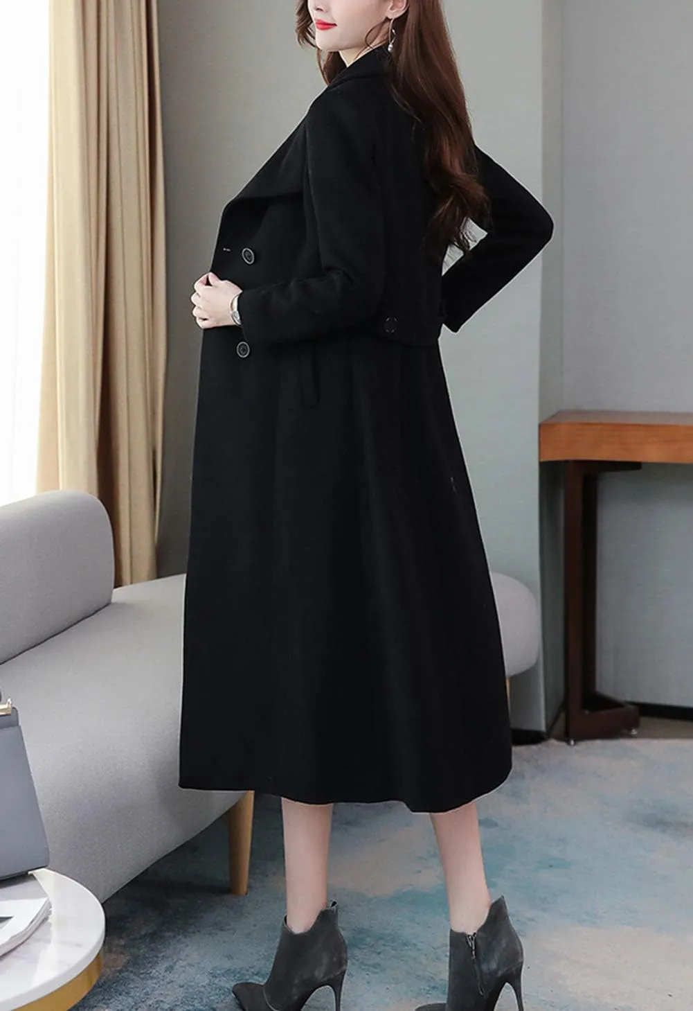 chouyatou Women's Chic Shawl Collar Work Double Breasted Maxi Long Wool Pea Coat