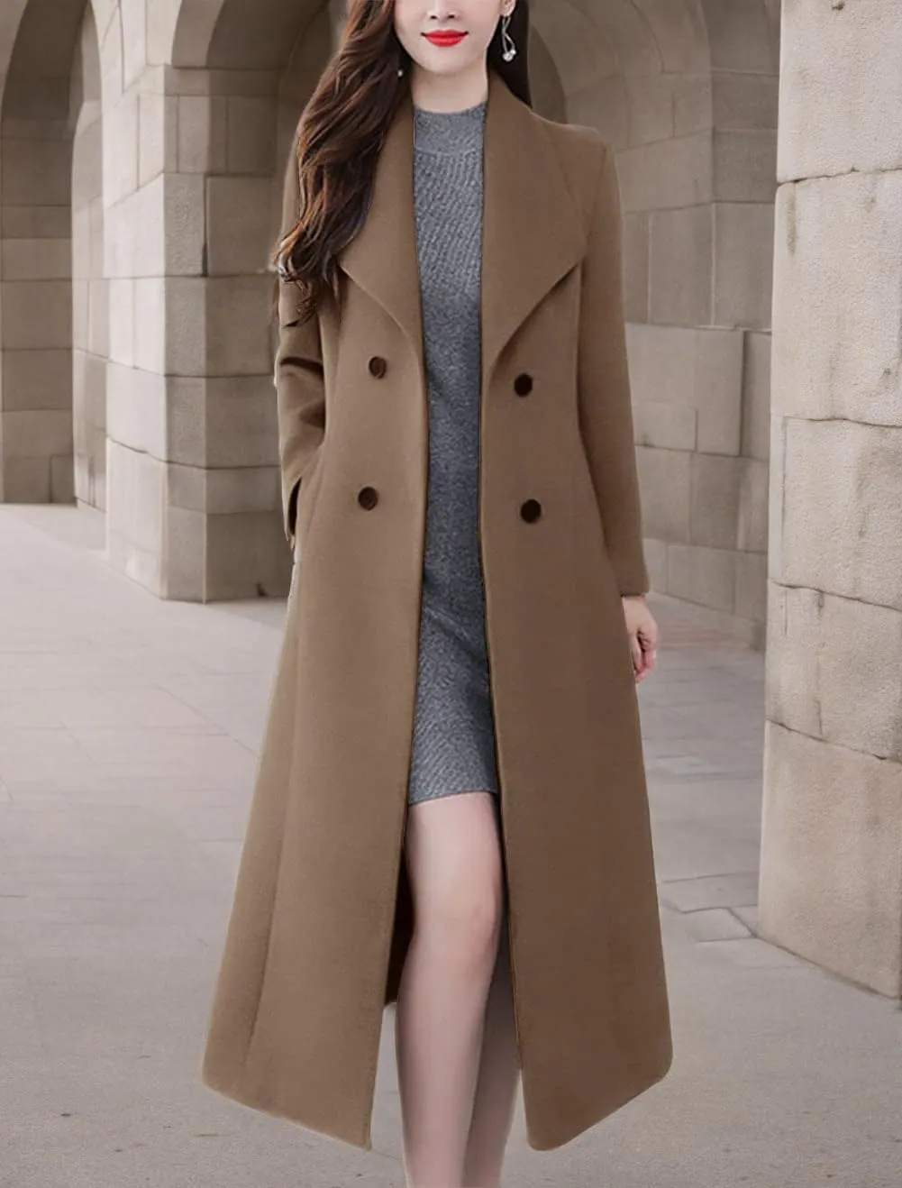 chouyatou Women's Chic Shawl Collar Work Double Breasted Maxi Long Wool Pea Coat
