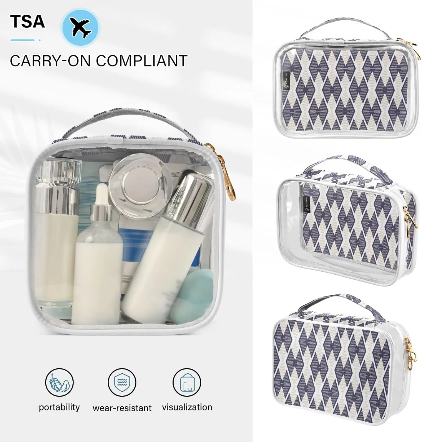 Clear Makeup Bag Clear Travel Toiletry Bag with Zipper Waterproof Clear Organizer Bags Transparent Cosmetic Bag Pouch for Traveling Women Girls 2Pack,Black Classic Texture