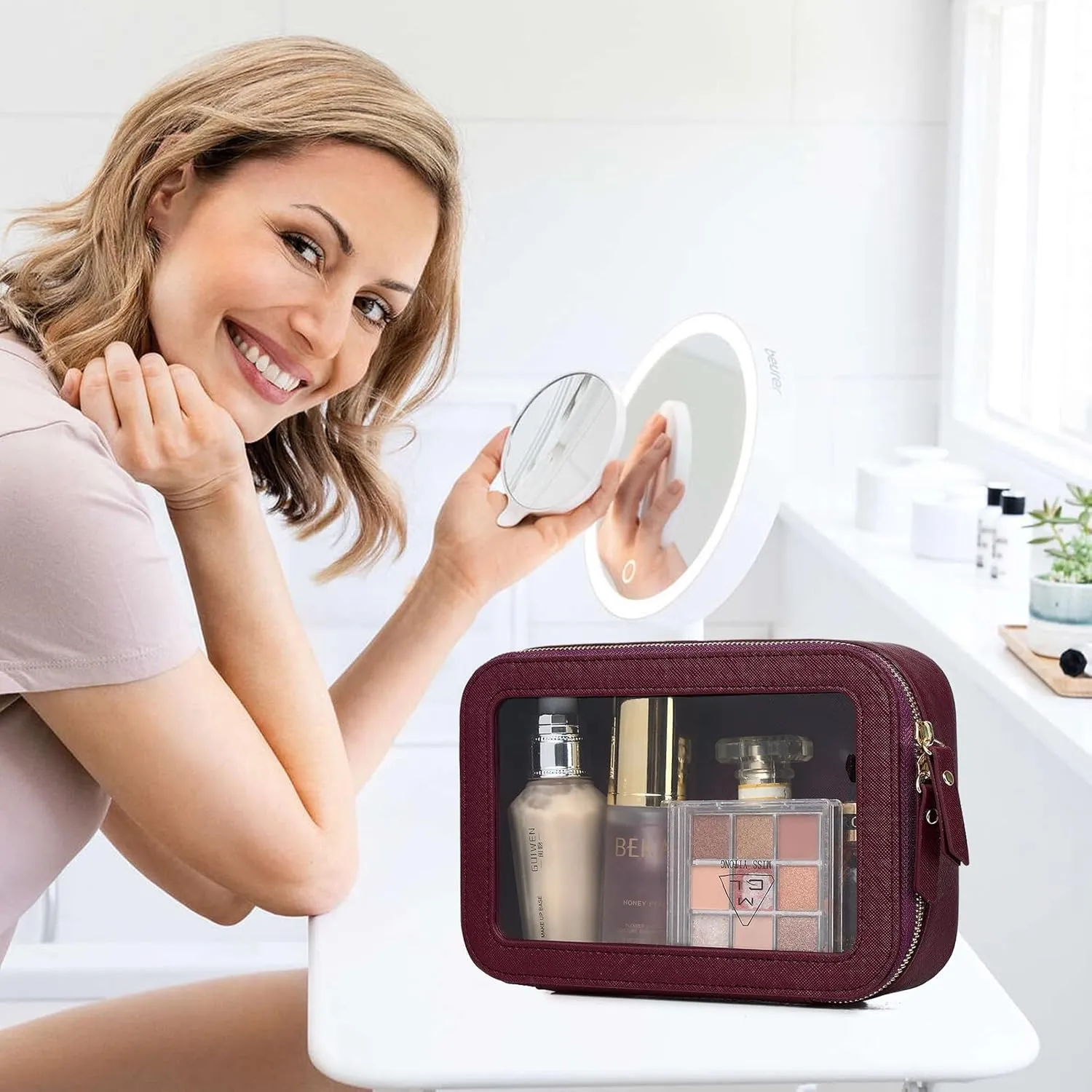 Clear Makeup Bag Small Cosmetic & Toiletry Bag Waterproof Travel Case Women's Pouch Organizer Makeup Bag for Car with Zipper (Burgundy, Small-1)