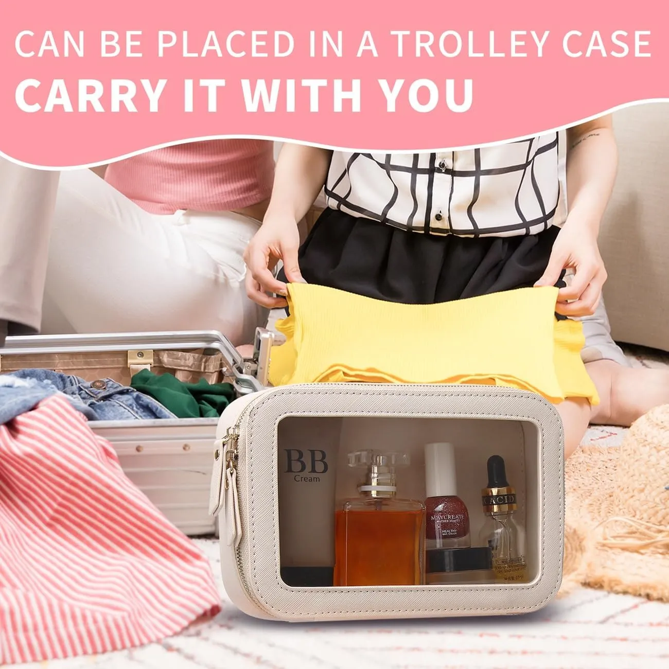 Clear Makeup Bag Small Cosmetic & Toiletry Bag Waterproof Travel Case Women's Pouch Organizer Makeup Bag for Car with Zipper Women (Beige, Small-1)