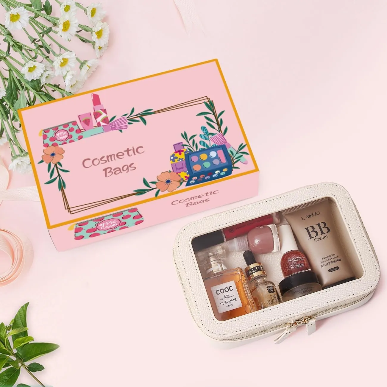 Clear Makeup Bag Small Cosmetic & Toiletry Bag Waterproof Travel Case Women's Pouch Organizer Makeup Bag for Car with Zipper Women (Beige, Small-1)