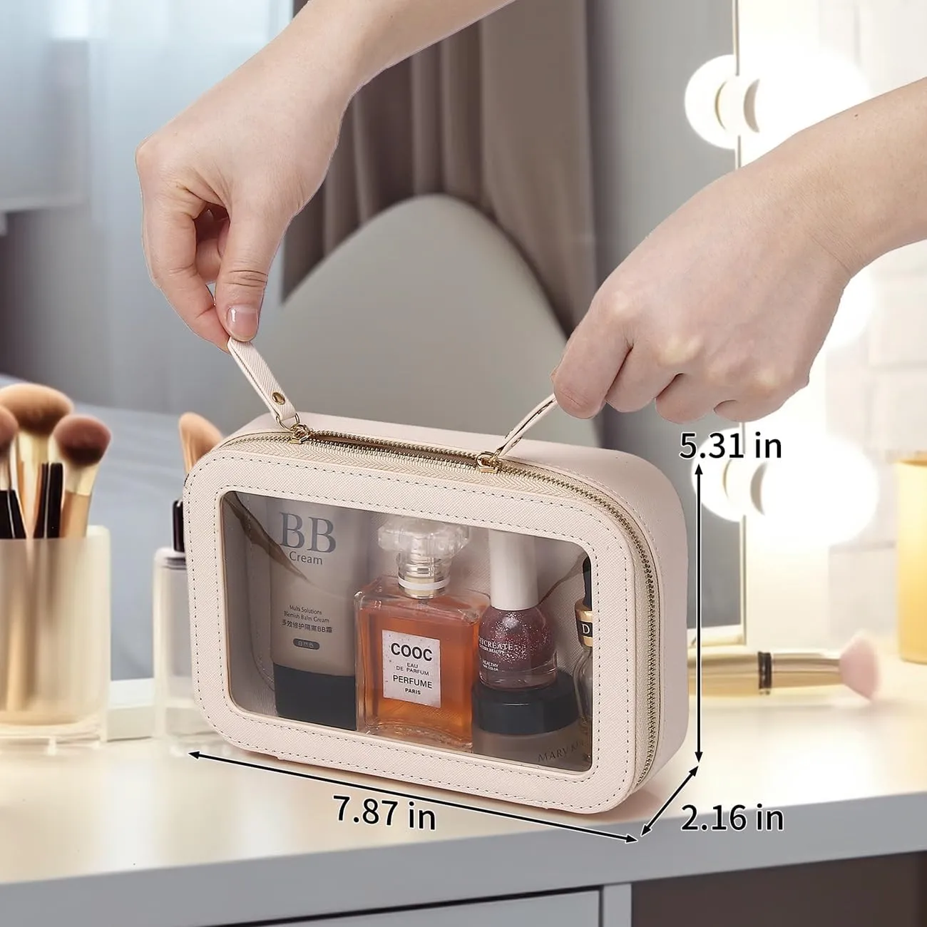 Clear Makeup Bag Small Cosmetic & Toiletry Bag Waterproof Travel Case Women's Pouch Organizer Makeup Bag for Car with Zipper Women (Beige, Small-1)