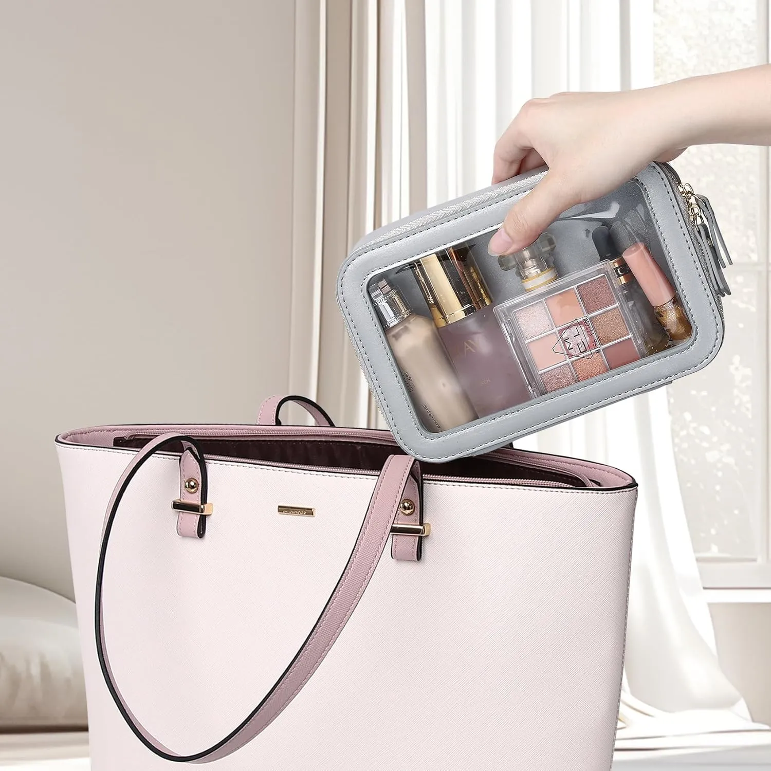 Clear Makeup Bag Small Cosmetic & Toiletry Bag Waterproof Travel Case Women's Pouch Organizer Makeup Bag for Car with Zipper Women (Gray, Small-1)