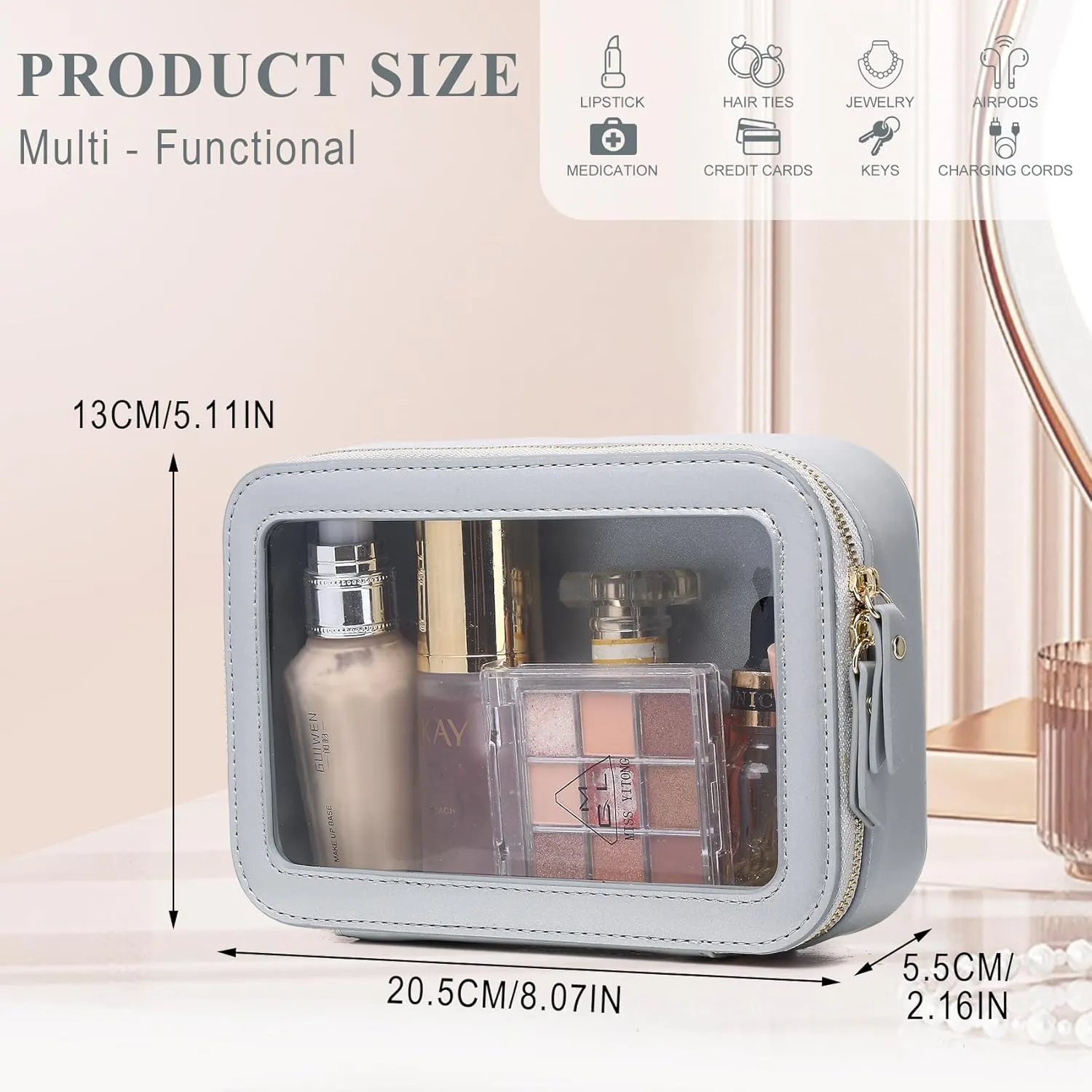 Clear Makeup Bag Small Cosmetic & Toiletry Bag Waterproof Travel Case Women's Pouch Organizer Makeup Bag for Car with Zipper Women (Gray, Small-1)