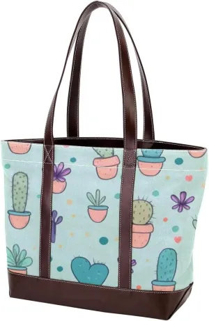 Colorful Cactus-496 Tote Bags Durable Leather Canvas Purses and Handbags for Women Top Handle Shoulder Satchel Hobo Bags