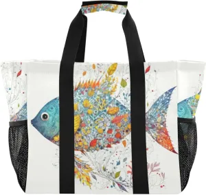 Colorful Fish Leaves Flowers Large Tote Bags for Women Canvas Tote Purse Reusable Grocery Bags Top Handle Handbags for Travel, Work
