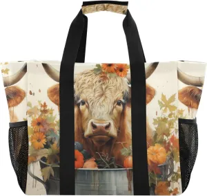Cow Flowers Bucket Large Tote Bags for Women Canvas Tote Purse Reusable Grocery Bags Top Handle Handbags for Travel, Work