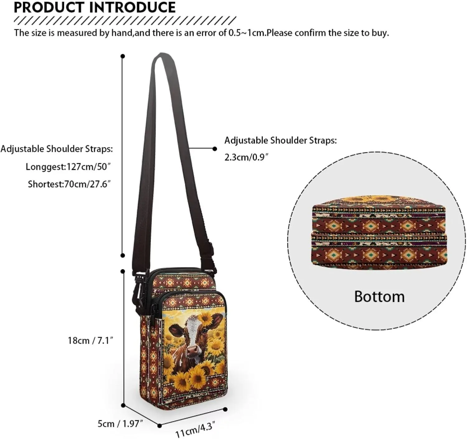 Cow Sunflower Aztec Tribal Print Crossbody Bags, 2 Layer Waterproof Travel Cross Body Sling Bag Satchel Bags Waist Pouch with Front Pocket