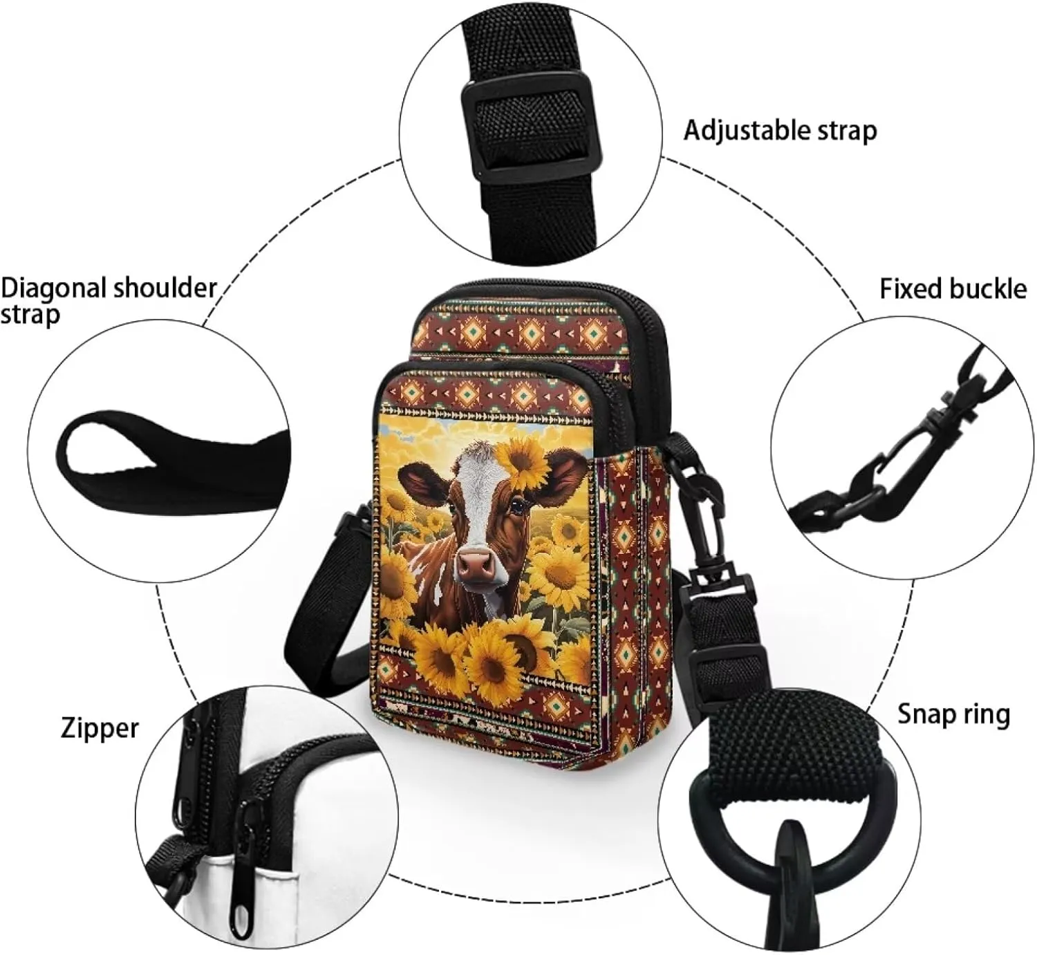 Cow Sunflower Aztec Tribal Print Crossbody Bags, 2 Layer Waterproof Travel Cross Body Sling Bag Satchel Bags Waist Pouch with Front Pocket