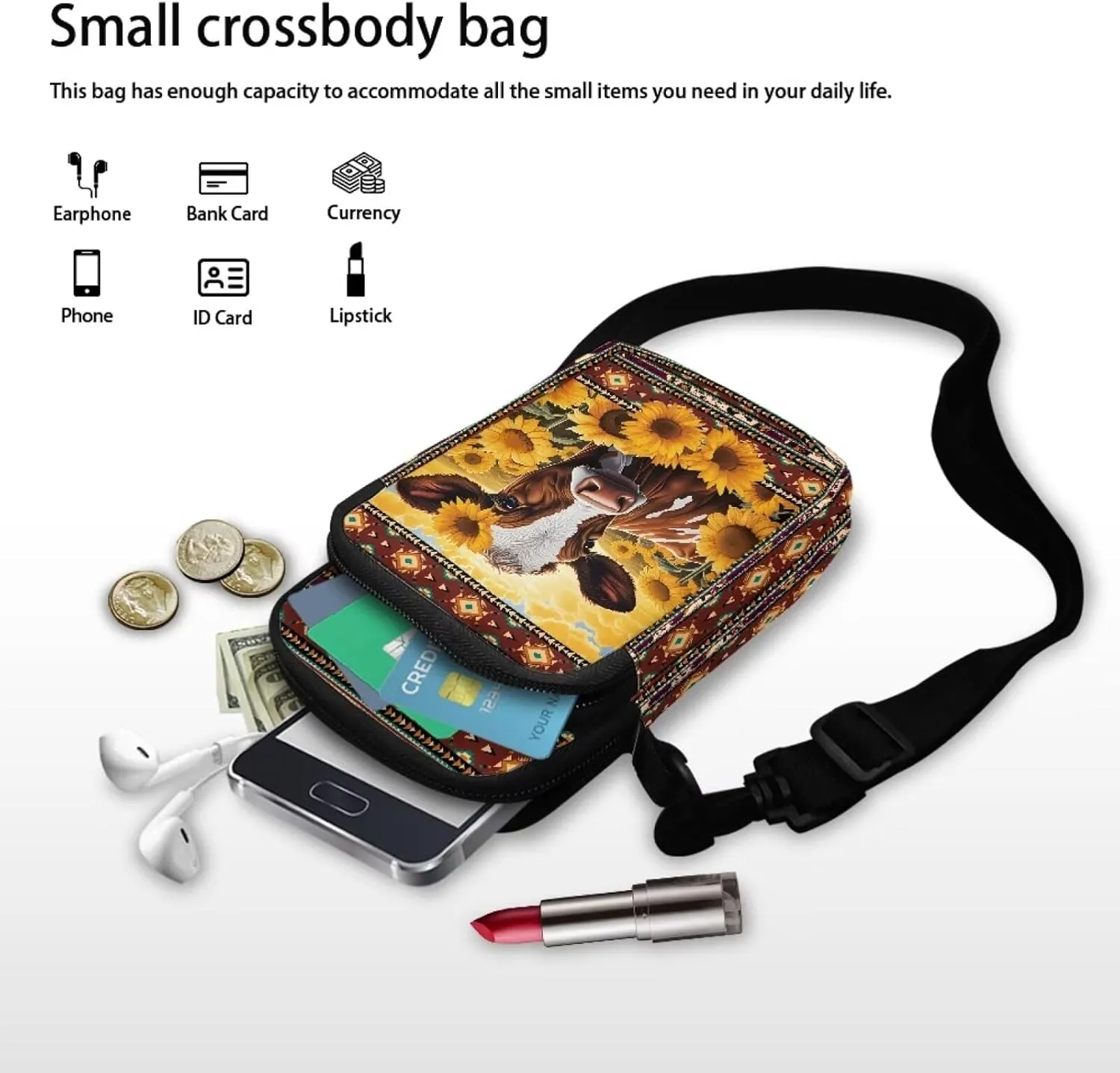 Cow Sunflower Aztec Tribal Print Crossbody Bags, 2 Layer Waterproof Travel Cross Body Sling Bag Satchel Bags Waist Pouch with Front Pocket
