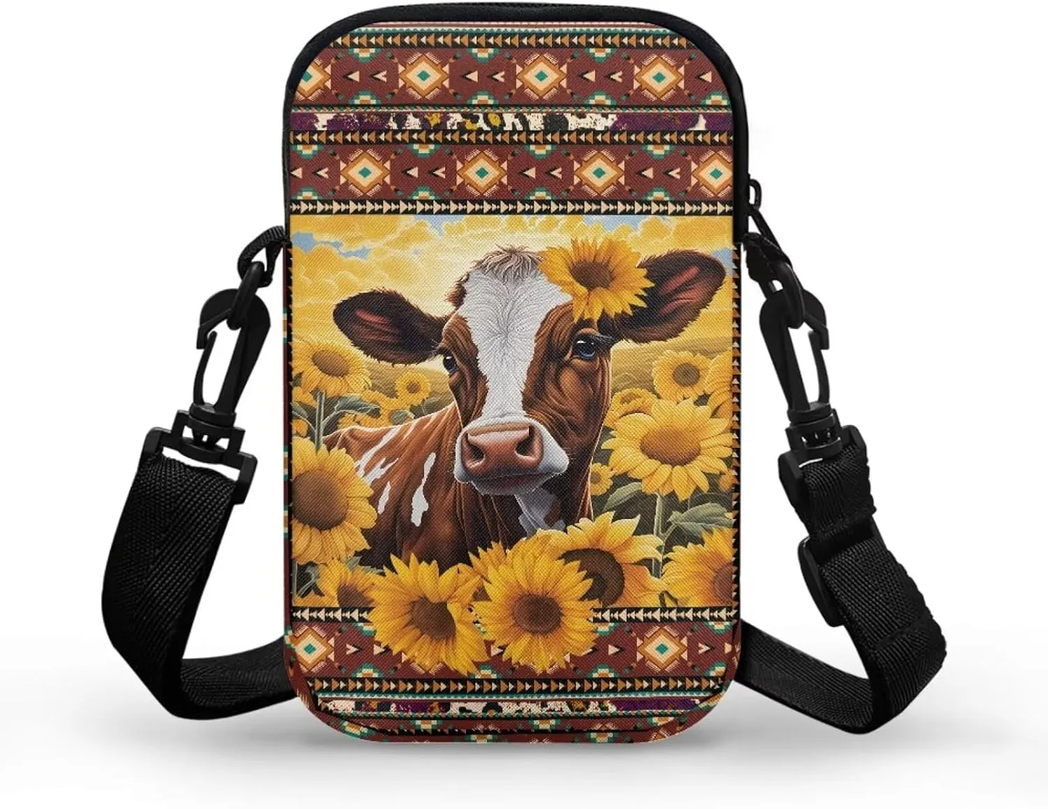 Cow Sunflower Aztec Tribal Print Crossbody Bags, 2 Layer Waterproof Travel Cross Body Sling Bag Satchel Bags Waist Pouch with Front Pocket