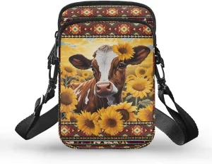Cow Sunflower Aztec Tribal Print Crossbody Bags, 2 Layer Waterproof Travel Cross Body Sling Bag Satchel Bags Waist Pouch with Front Pocket
