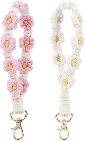 CREATCABIN 2Pcs Daisy Weave Keychain Macrame Keyring White Pink Wristlet Key Chain Holder Cotton Tassel Bracelet Keyring Boho Handmade Flower Wrist Lanyard with Alloy Clasp for Women 8Inch