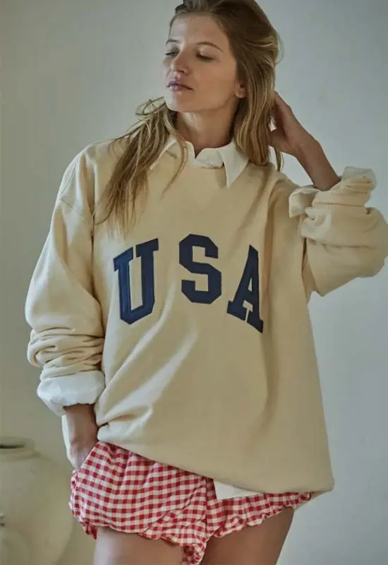 Crew Neck USA Sweatshirt - Cream