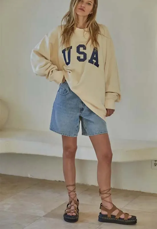 Crew Neck USA Sweatshirt - Cream