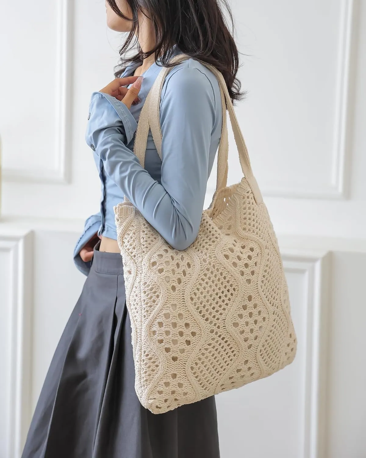 Crochet Bags for Women Summer Beach Tote Bag Large Capacity Shoulder Bag Aesthetic Hobo Bag Knit Bag Hippie Bag