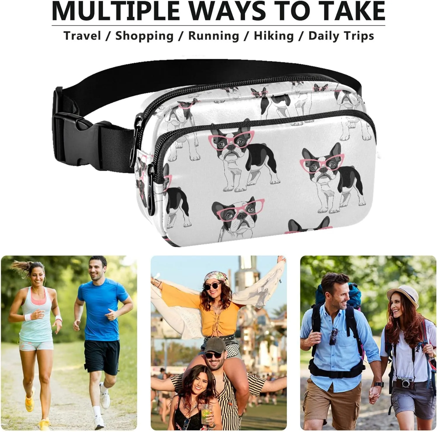 Customized Cartoon French Bulldog Fanny Pack for Women Bright Colored Large Hip Belt Bag Waterproof Waist Pouch for Women
