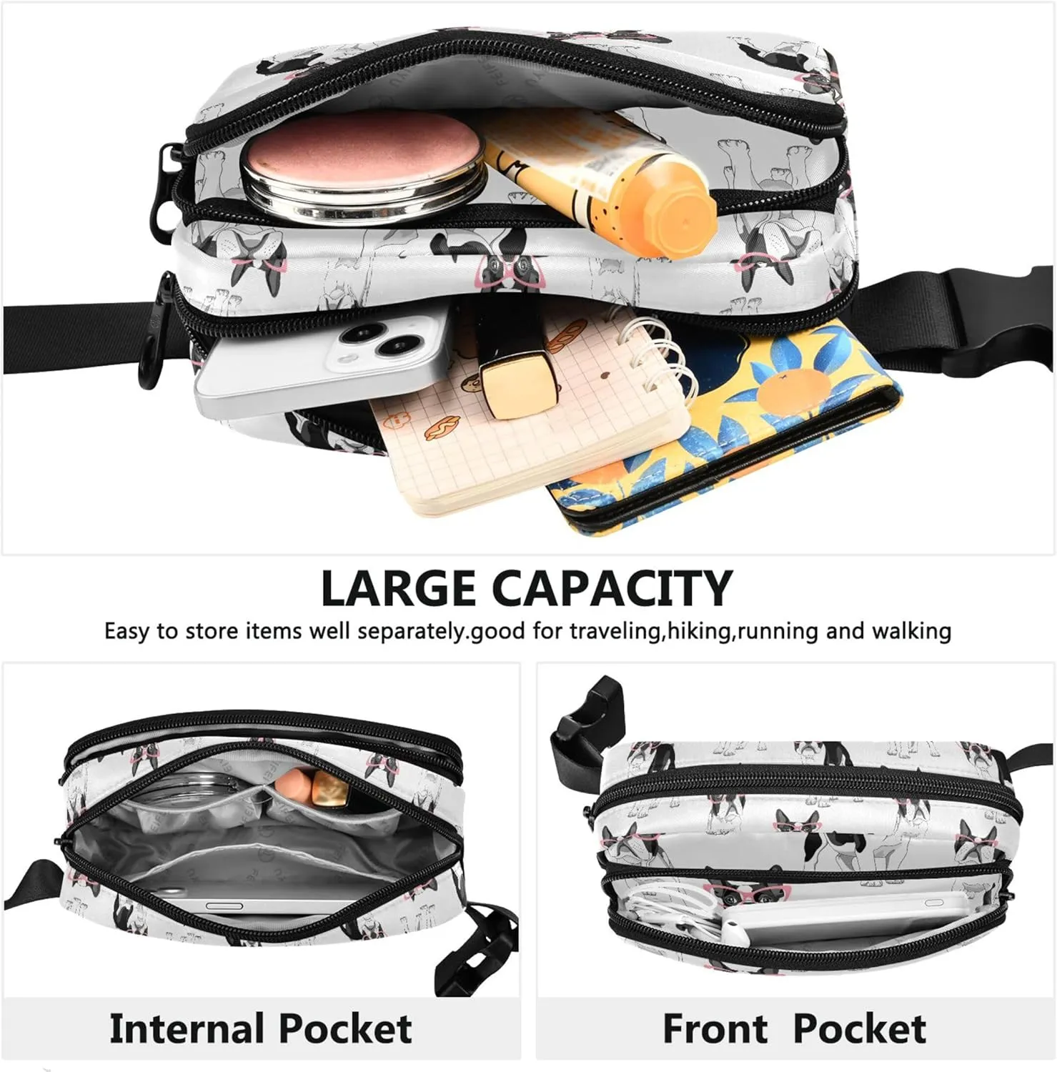 Customized Cartoon French Bulldog Fanny Pack for Women Bright Colored Large Hip Belt Bag Waterproof Waist Pouch for Women