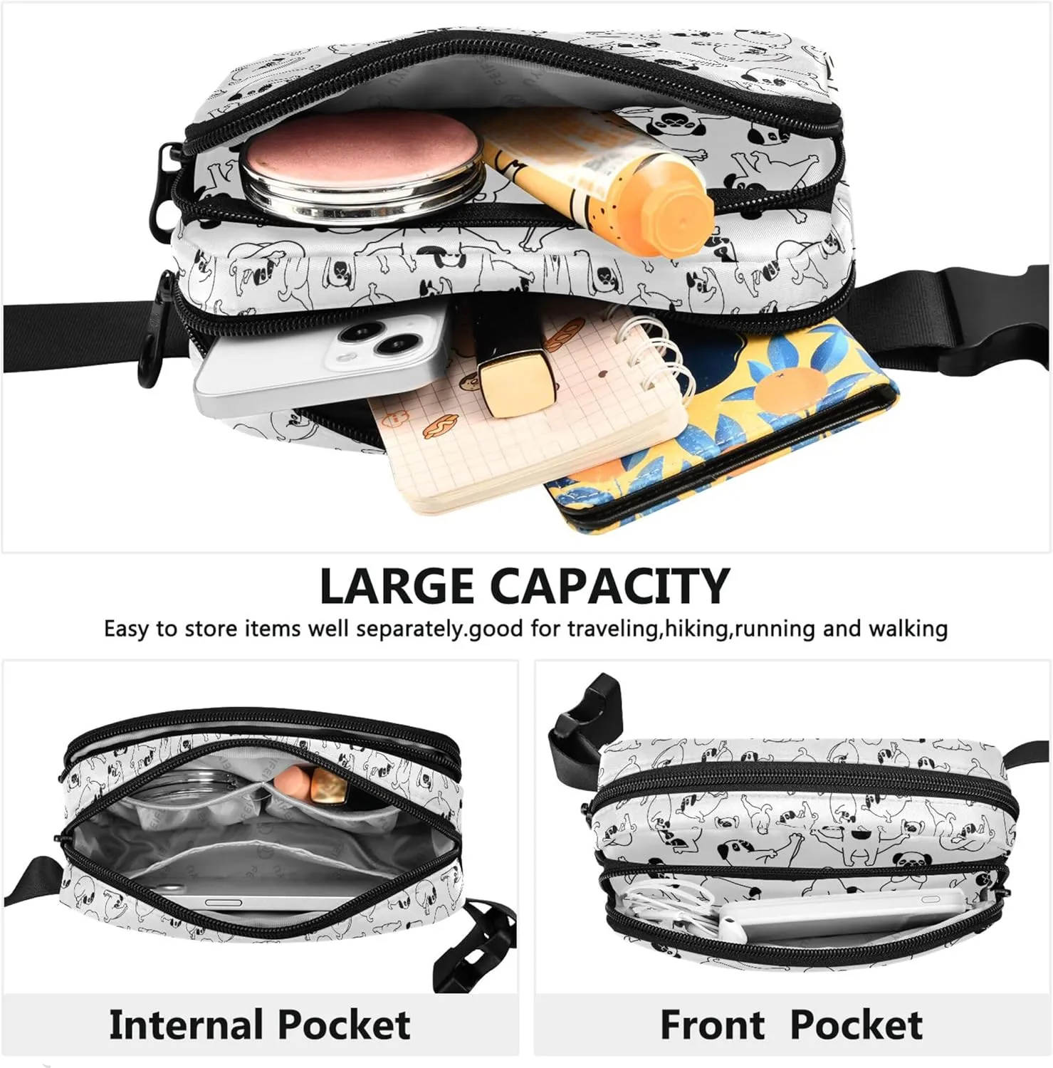 Customized Cartoon Puppy Dog Waterproof Fanny Packs for Women Hip Pack Belt Pouch Funny Travel Waist Pack for Men