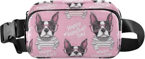 Cute Boston Terrier Striped Heart Fanny Pack for Women Waterproof Hip Bag Belt Purse Cute Travel Waist Pouch