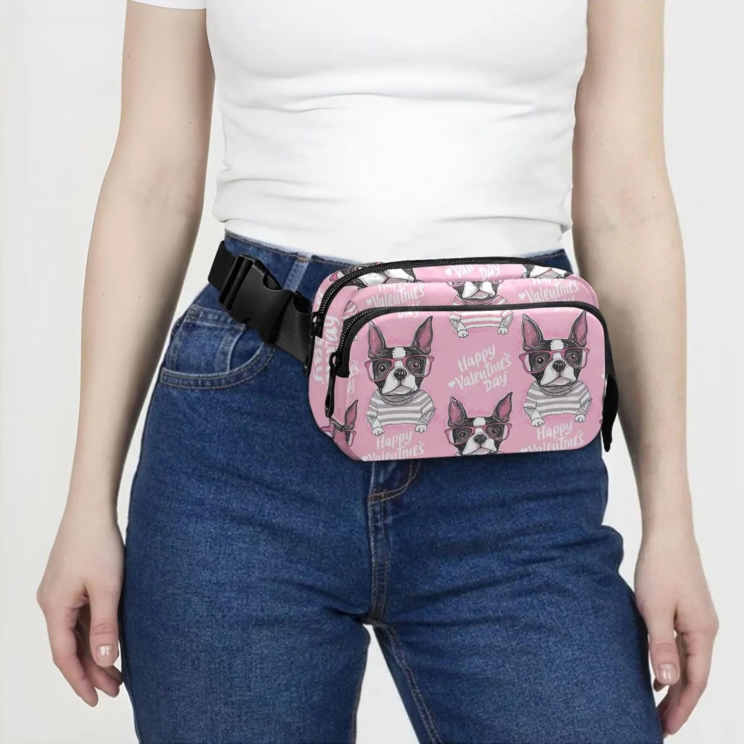 Cute Boston Terrier Striped Heart Fanny Pack for Women Waterproof Hip Bag Belt Purse Cute Travel Waist Pouch