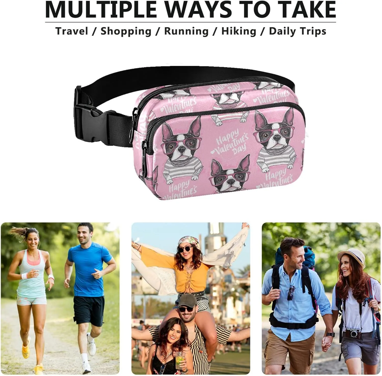Cute Boston Terrier Striped Heart Fanny Pack for Women Waterproof Hip Bag Belt Purse Cute Travel Waist Pouch
