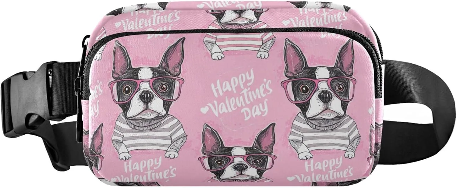 Cute Boston Terrier Striped Heart Fanny Pack for Women Waterproof Hip Bag Belt Purse Cute Travel Waist Pouch
