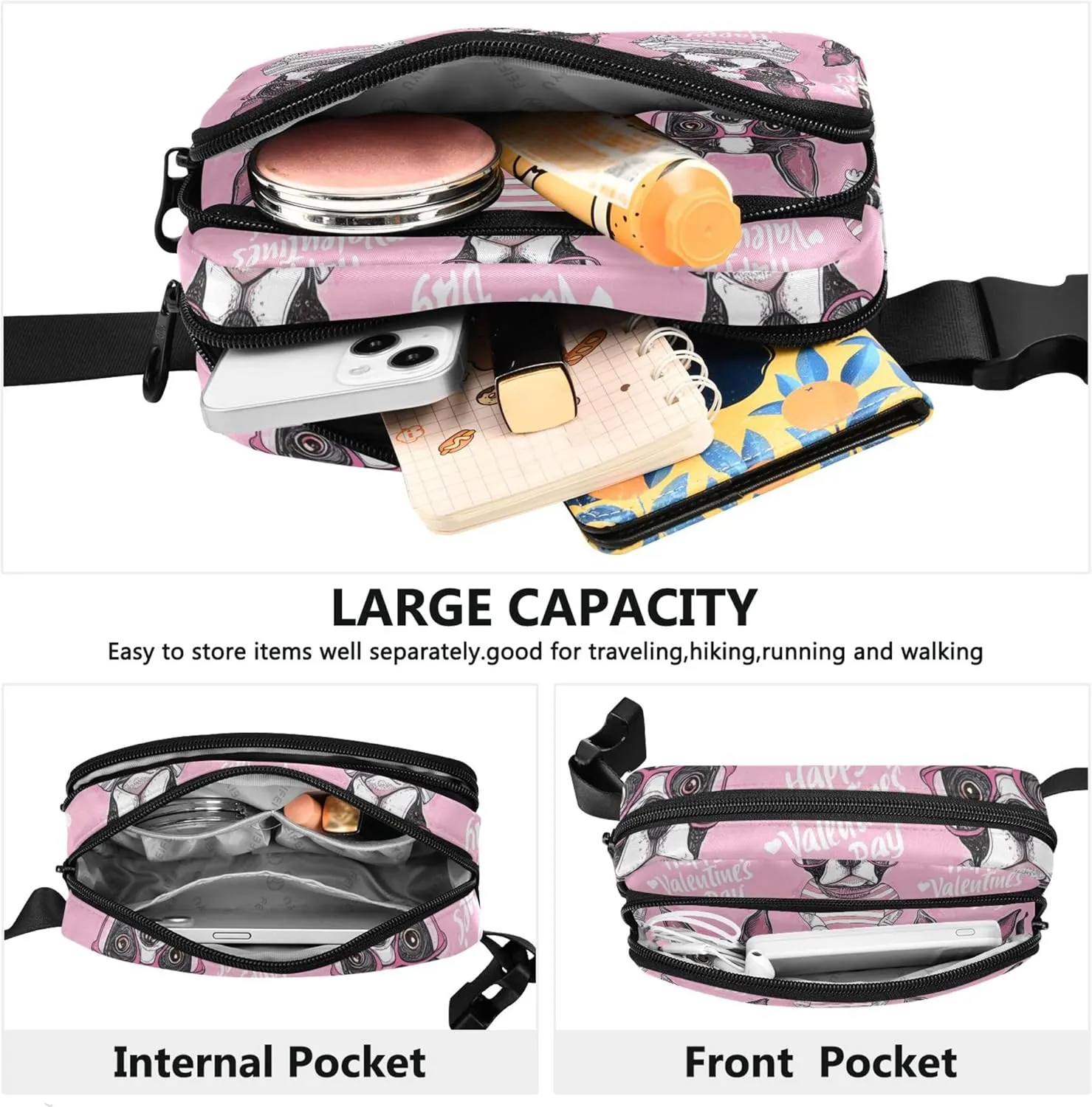 Cute Boston Terrier Striped Heart Fanny Pack for Women Waterproof Hip Bag Belt Purse Cute Travel Waist Pouch