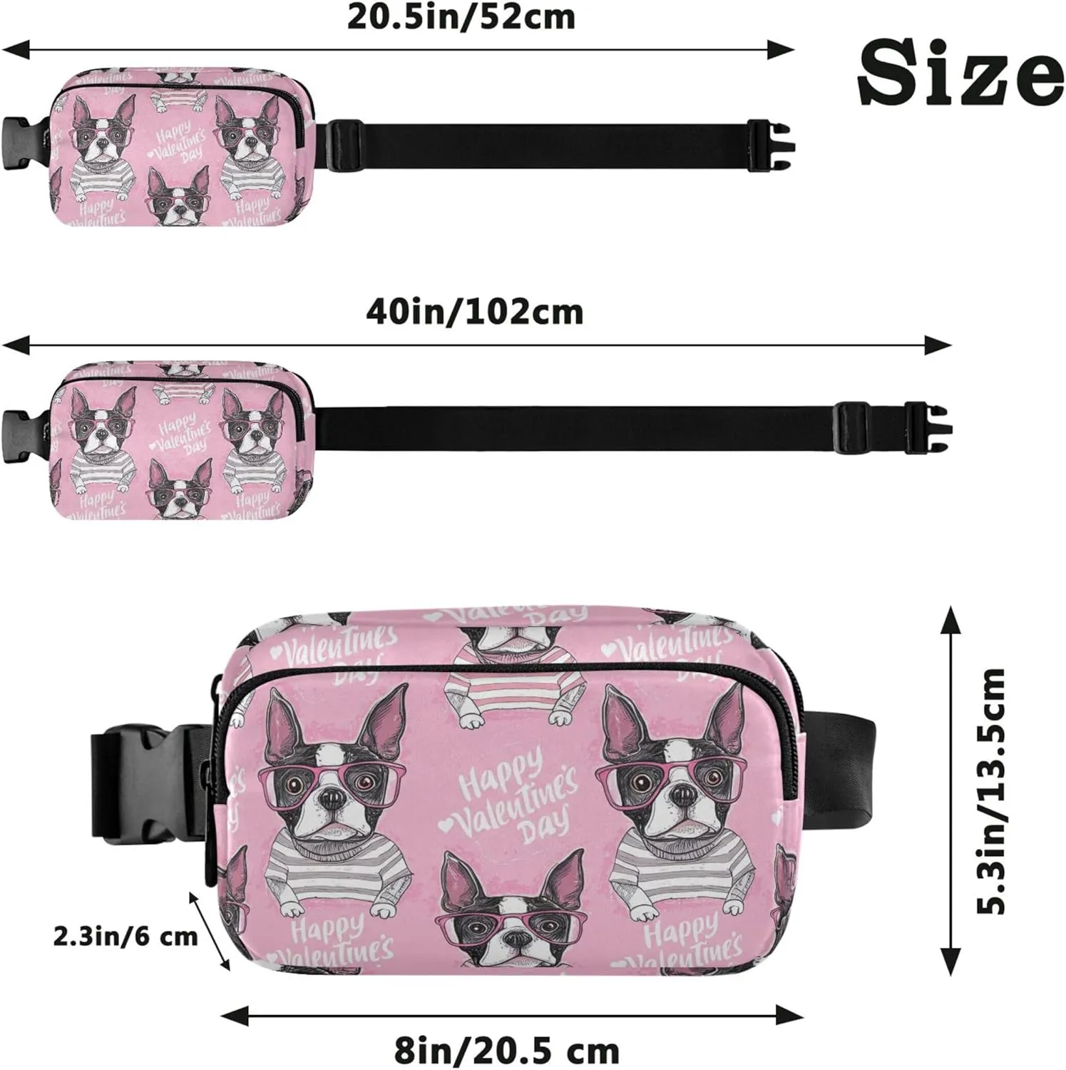 Cute Boston Terrier Striped Heart Fanny Pack for Women Waterproof Hip Bag Belt Purse Cute Travel Waist Pouch