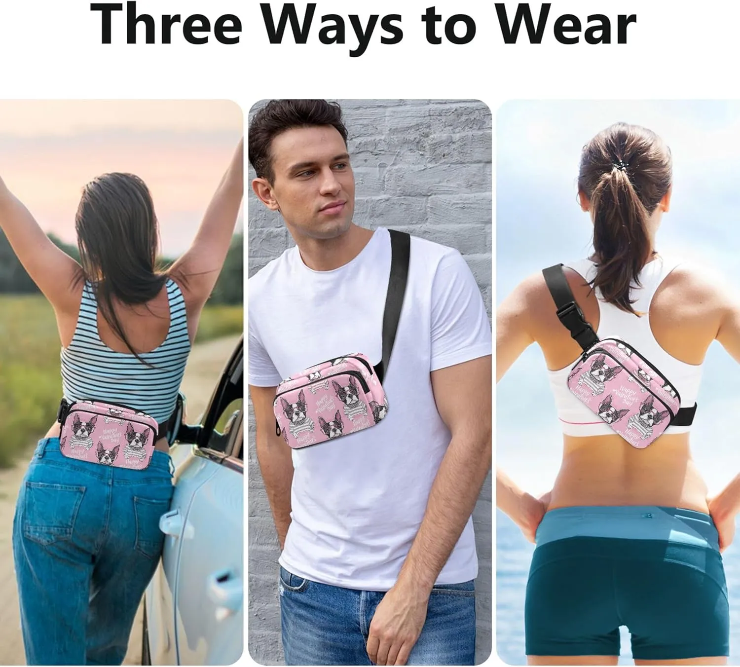 Cute Boston Terrier Striped Heart Fanny Pack for Women Waterproof Hip Bag Belt Purse Cute Travel Waist Pouch