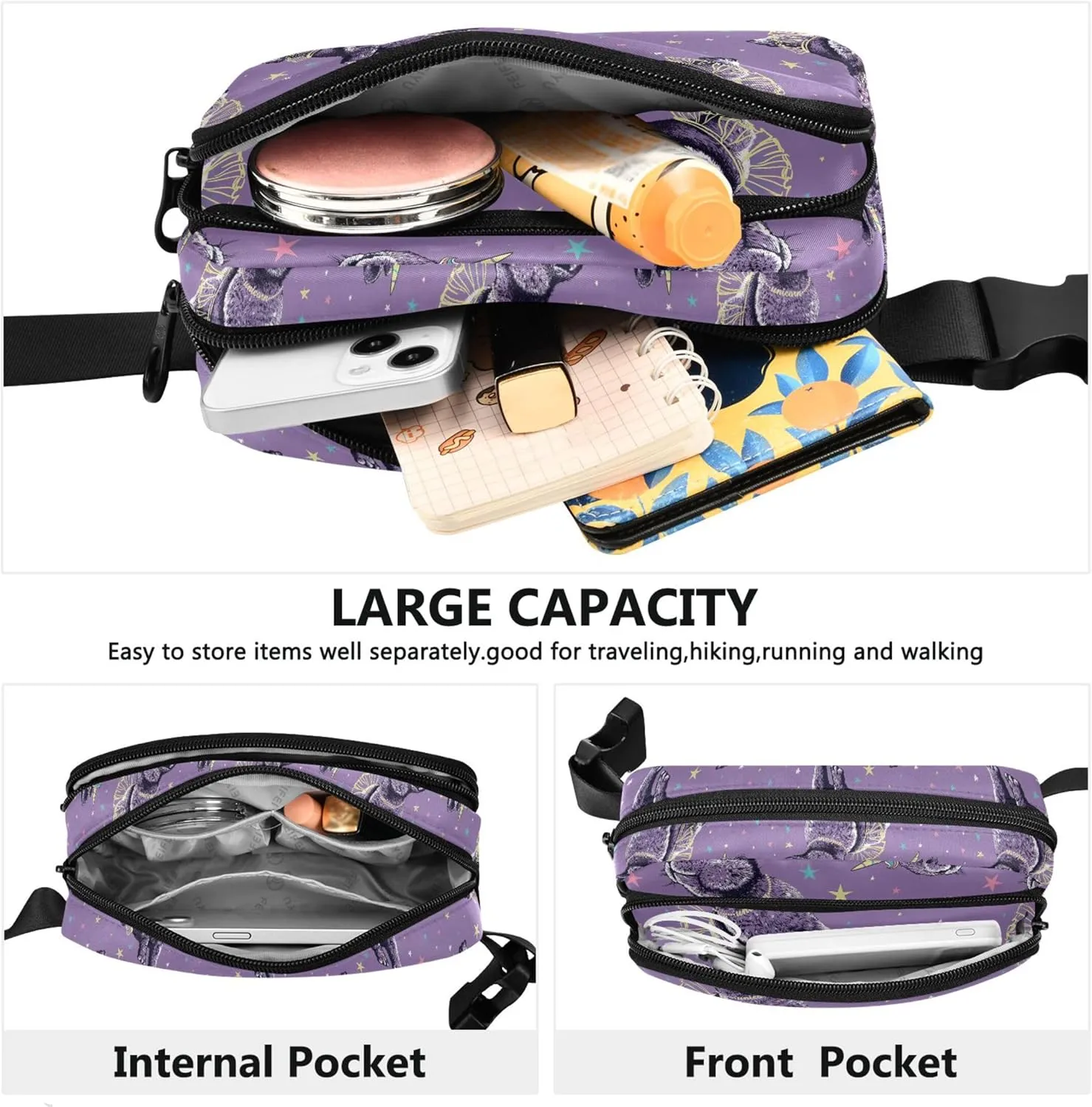 Cute Bunny Purple Fanny Packs for Women Belt Bag Hip Pack Waterproof Colorful Crossbody Waist Purse