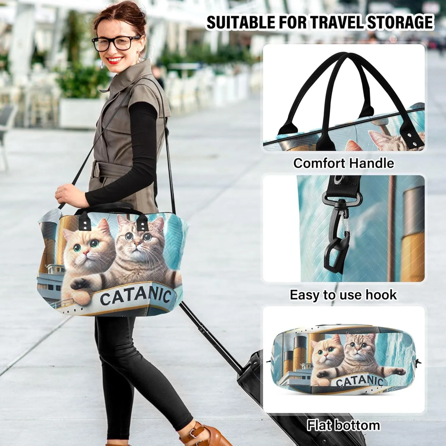 Cute Cats Titanic Kitten Duffle Travel Bags Toiletry Bag Set of 2, Floral Gym Duffle Bag Weekender Travel Bag