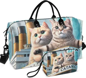 Cute Cats Titanic Kitten Duffle Travel Bags Toiletry Bag Set of 2, Floral Gym Duffle Bag Weekender Travel Bag