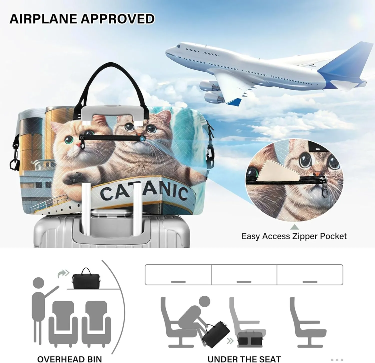 Cute Cats Titanic Kitten Duffle Travel Bags Toiletry Bag Set of 2, Floral Gym Duffle Bag Weekender Travel Bag