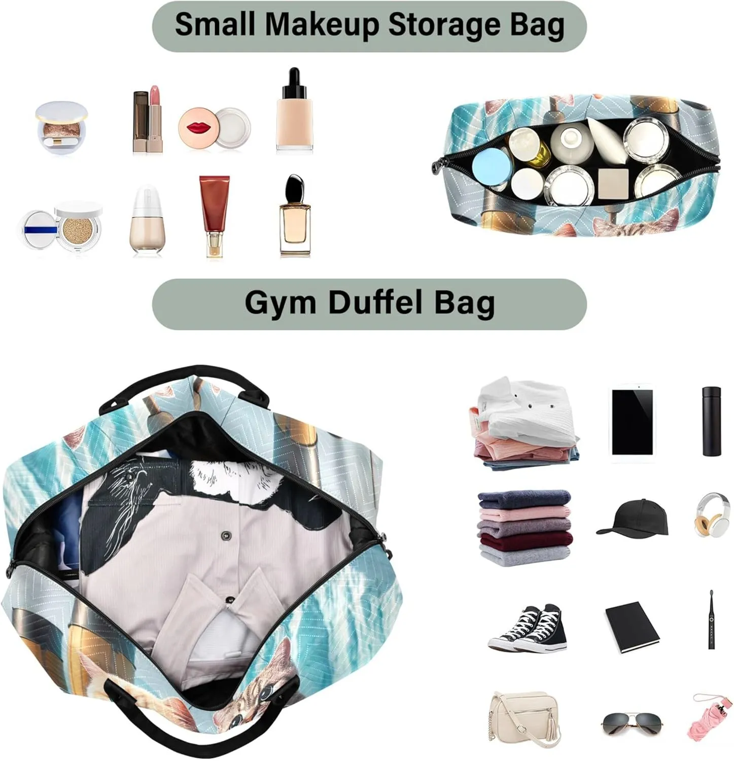 Cute Cats Titanic Kitten Duffle Travel Bags Toiletry Bag Set of 2, Floral Gym Duffle Bag Weekender Travel Bag