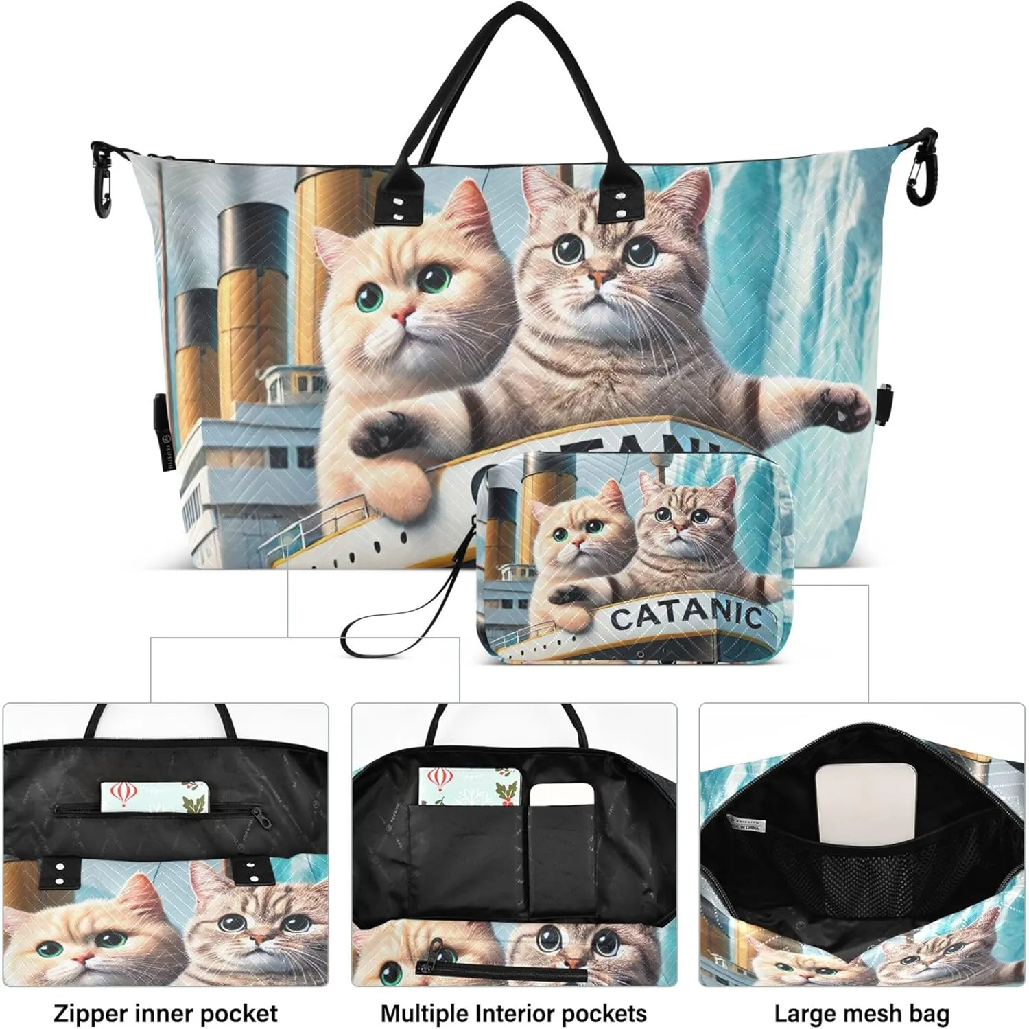 Cute Cats Titanic Kitten Duffle Travel Bags Toiletry Bag Set of 2, Floral Gym Duffle Bag Weekender Travel Bag