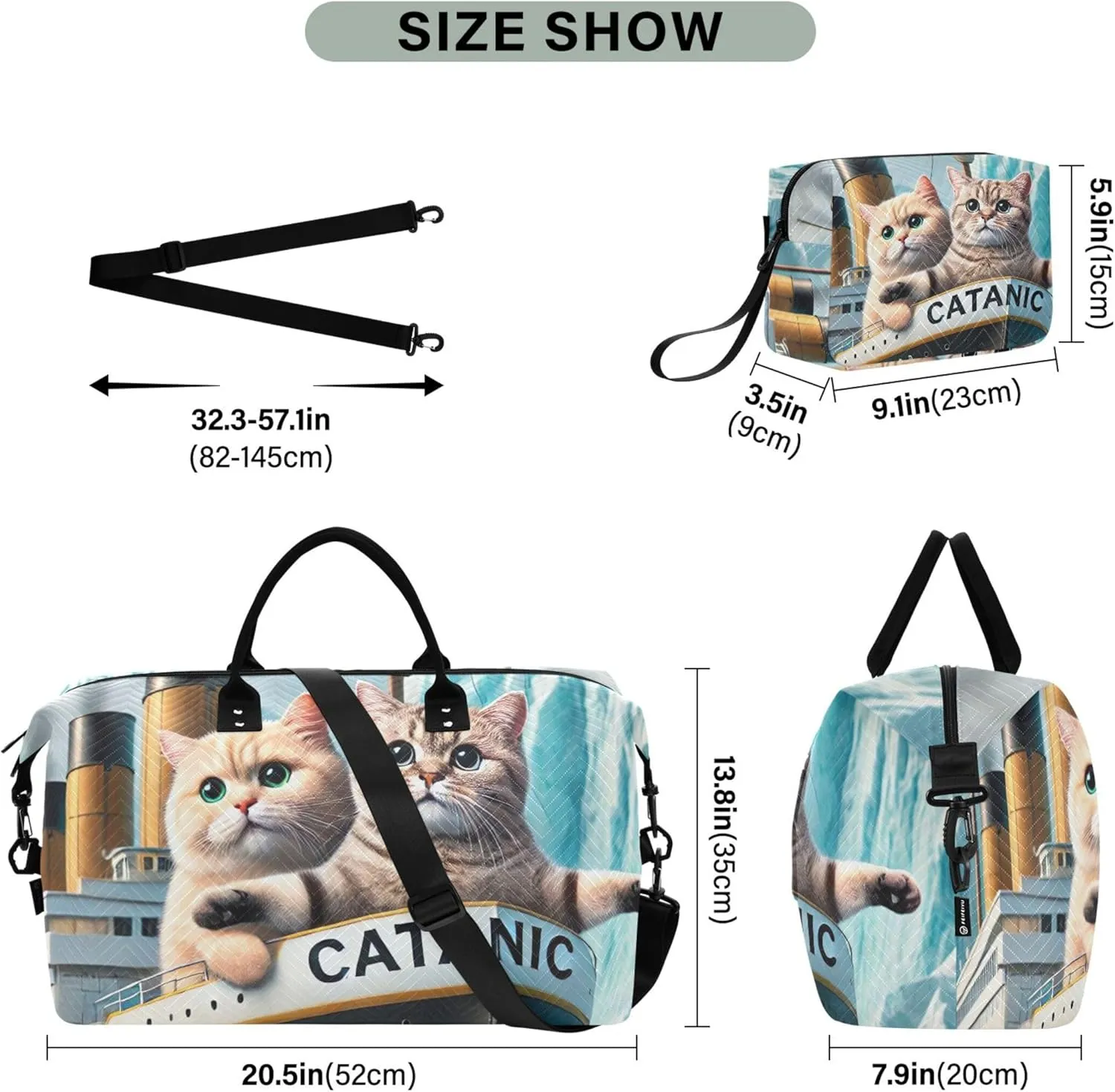 Cute Cats Titanic Kitten Duffle Travel Bags Toiletry Bag Set of 2, Floral Gym Duffle Bag Weekender Travel Bag
