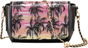 Cute Print Leather Shoulder Bags, Black Silhouettes Palms Tropical Crossbody Bags for Women Satchel with Chain Strap