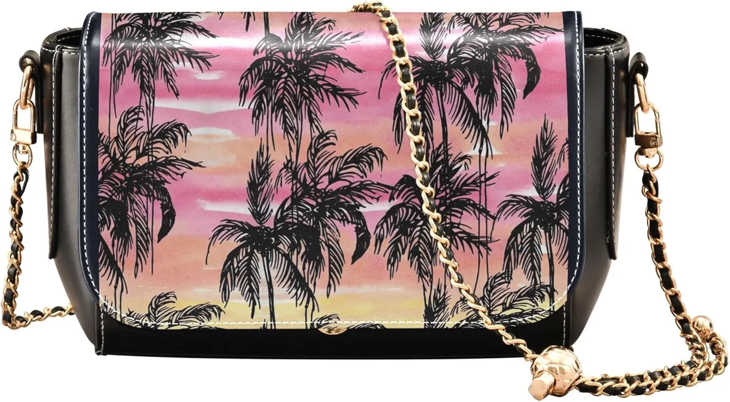 Cute Print Leather Shoulder Bags, Black Silhouettes Palms Tropical Crossbody Bags for Women Satchel with Chain Strap