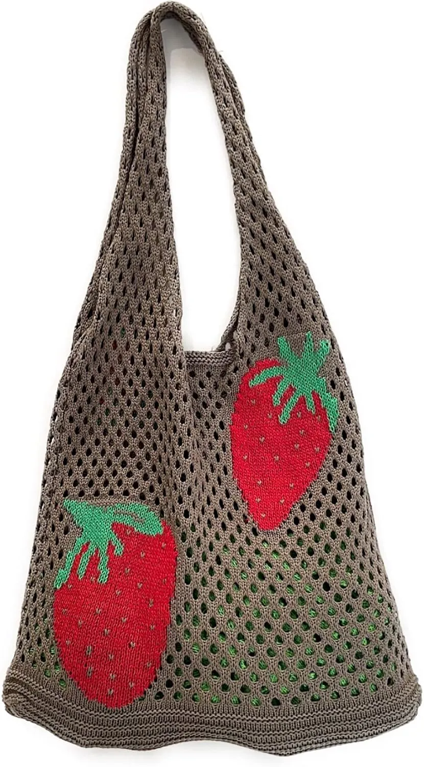 Cute Strawberry Pattern Tote Bag Crochet Tote Bag Shoulder Bag Handbags Knitting Bag Aesthetic Handmade Weaving