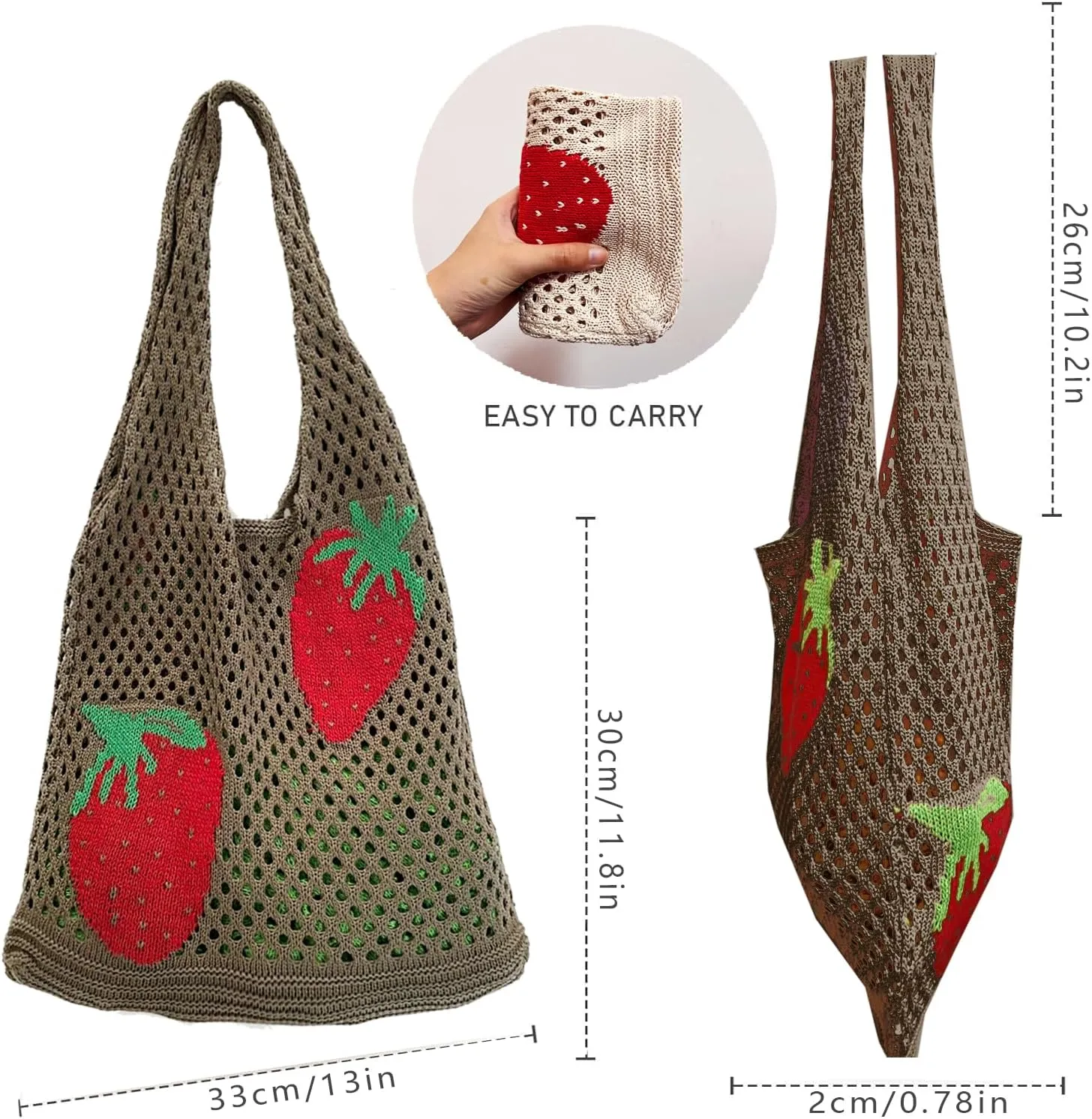 Cute Strawberry Pattern Tote Bag Crochet Tote Bag Shoulder Bag Handbags Knitting Bag Aesthetic Handmade Weaving