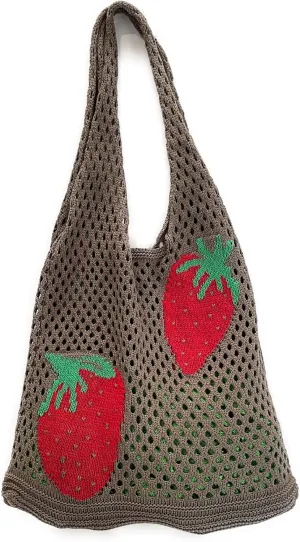 Cute Strawberry Pattern Tote Bag Crochet Tote Bag Shoulder Bag Handbags Knitting Bag Aesthetic Handmade Weaving