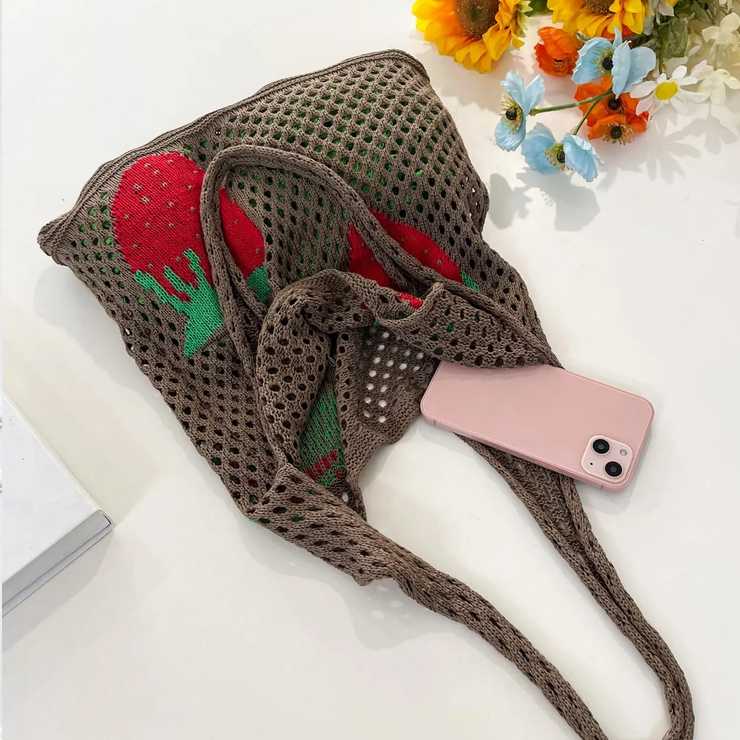 Cute Strawberry Pattern Tote Bag Crochet Tote Bag Shoulder Bag Handbags Knitting Bag Aesthetic Handmade Weaving