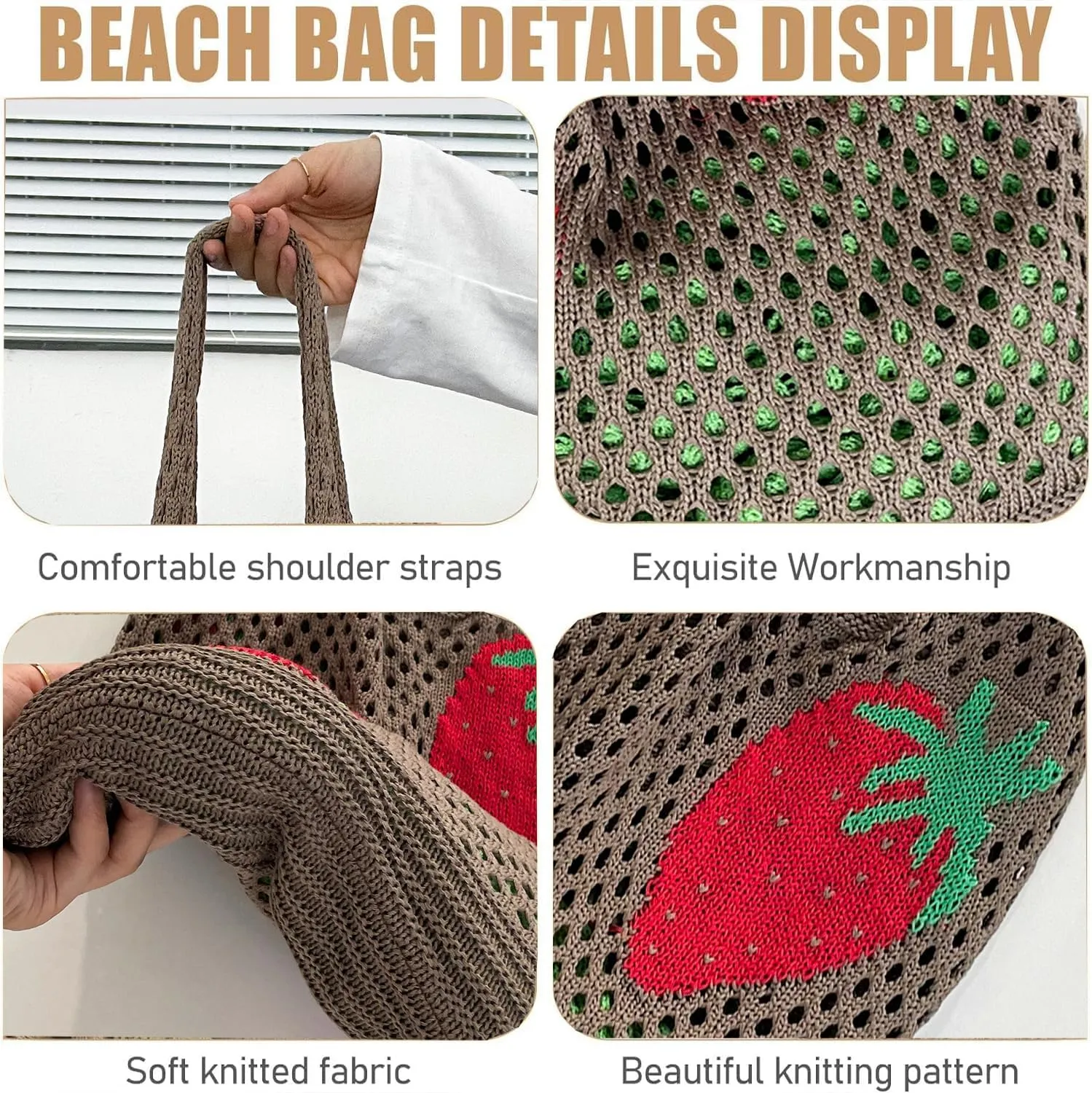 Cute Strawberry Pattern Tote Bag Crochet Tote Bag Shoulder Bag Handbags Knitting Bag Aesthetic Handmade Weaving